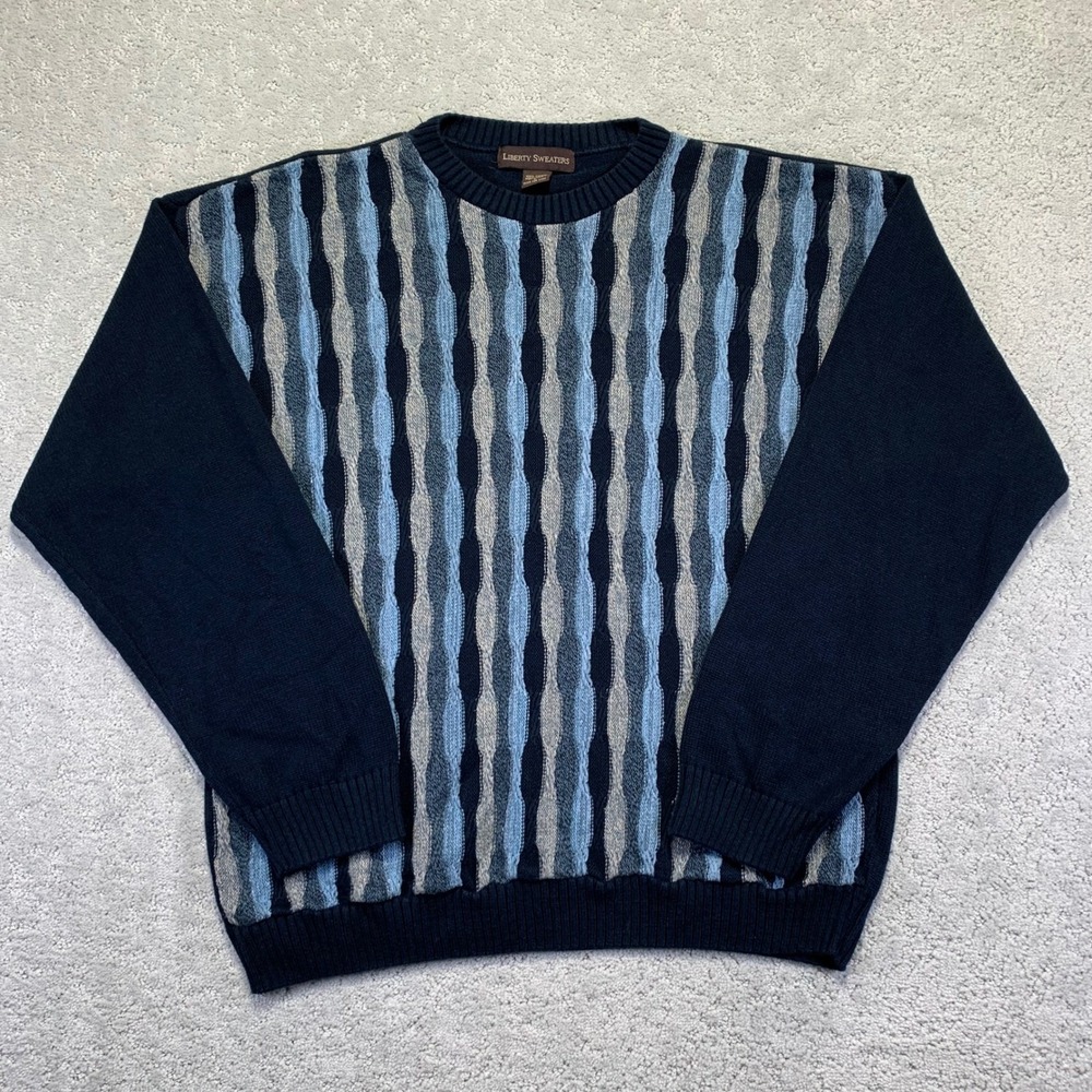 Vintage Liberty Sweaters Mens‎ Large Navy Knit Crew Neck Textured Grandpa 90s